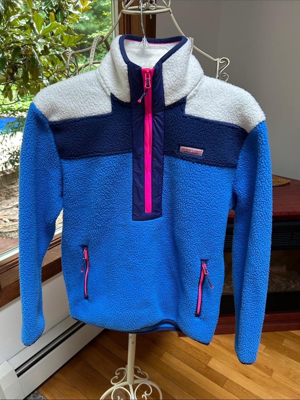 Vineyard Vines Blue Sherpa Half-Zip Pullover with Pink Accents
